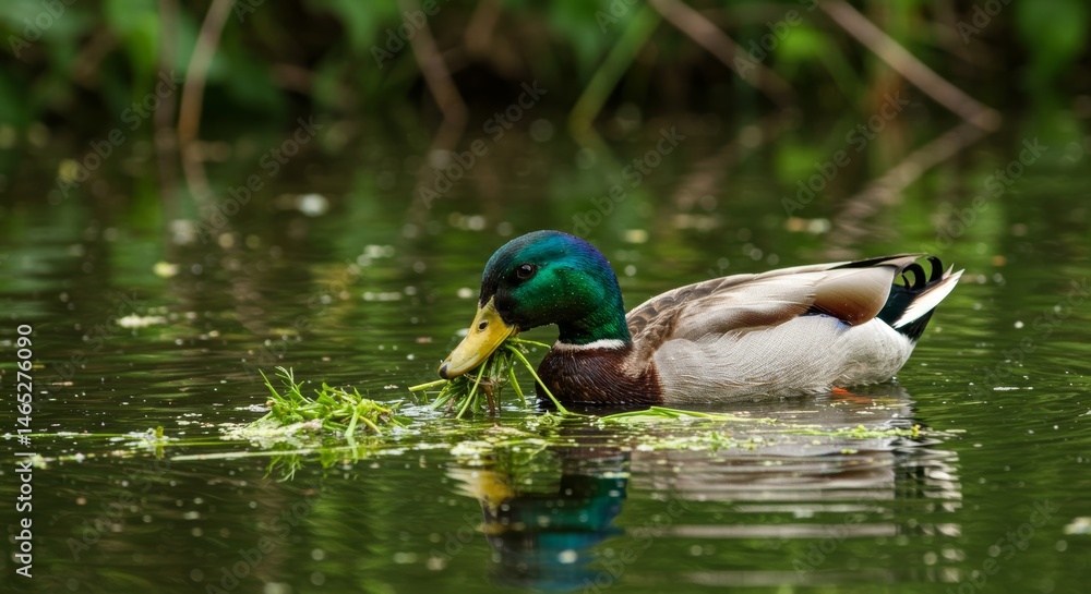 Obraz premium Mallard Duck Feeding on Vegetation in a Serene Pond Environment close-up