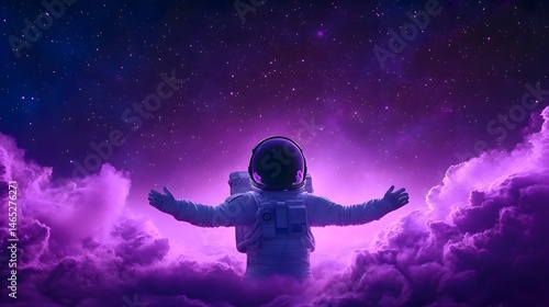 An astronaut with arms out - stretched stands amidst purple - hued clouds, gazing at a star - filled cosmic sky. A dreamy, other - worldly space scene. 