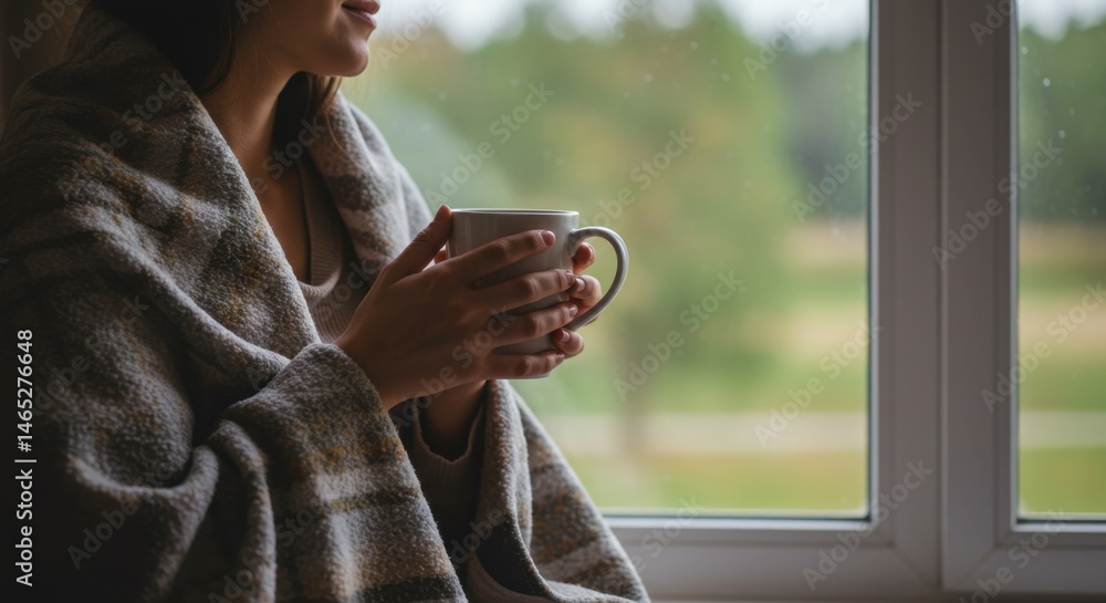Cozy Autumn Day: Woman Wrapped in Blanket Enjoying Warm Beverage by Window Cozy Autumn Day: Woman Wrapped in Blanket Enjoying Warm Beverage by Window