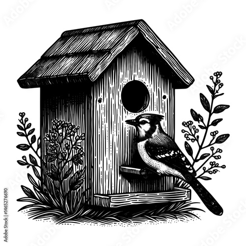 Vintage Hand-Drawn Birdhouse Illustration – Garden Wildlife Engraved Style Vector for T-Shirts, Posters, Stickers, and Nature Apparel