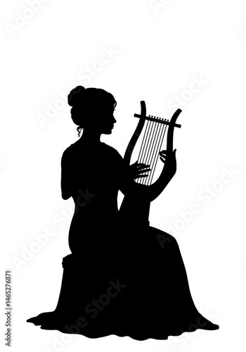 Silhouette playing lyre white background