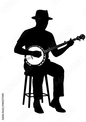 Silhouette of musician playing banjo on stool