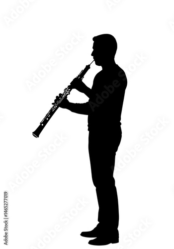 Silhouette of man playing clarinet against white background