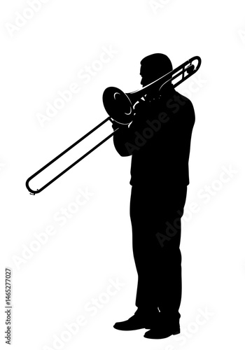 Musician playing trombone against white background
