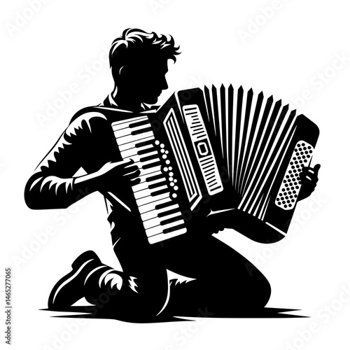 Accordion player expressing passion while kneeling against a backdrop  
