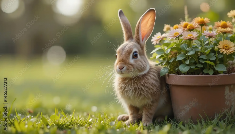 Adorable Bunny Beside Blooming Flowers in a Garden Adorable Bunny Beside Blooming Flowers in a Garden