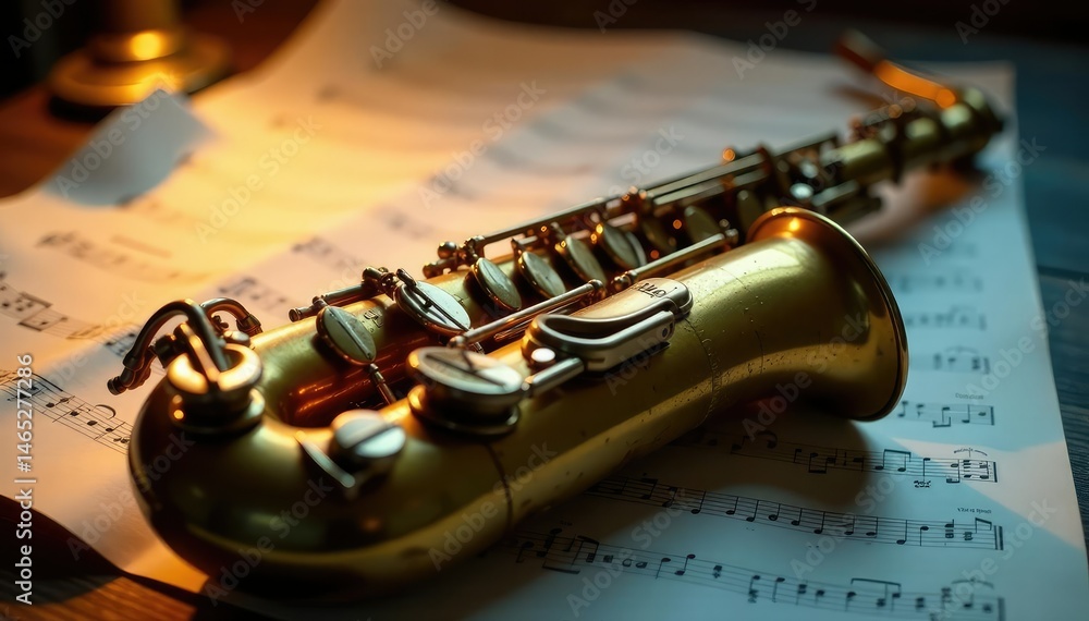 Obraz premium A saxophone rests on vintage sheet music, illuminated by soft light , blues, club