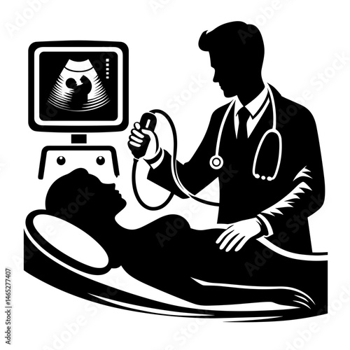Doctor performing ultrasound on pregnant woman on examination bed