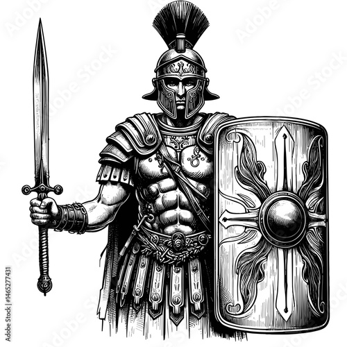 Roman soldier holding sword, shield
