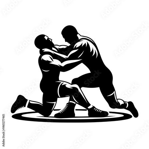 Two wrestlers grappling in black and white silhouette