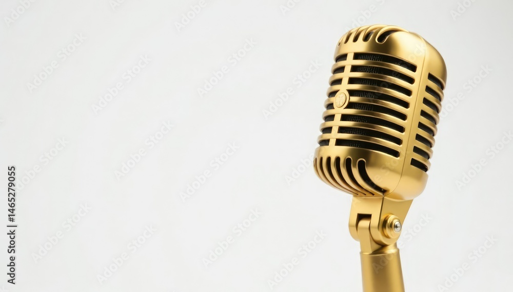 Fototapeta premium Close-up shot of a single gold microphone on white background, rap, professional