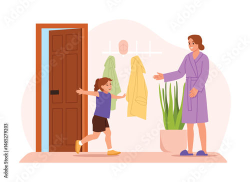 Vector illustration of family daily routine. Cartoon scene of a girl happily running to her mother in a bathrobe, doing care procedures in the bathroom, towels, flowerpot isolated on white background.