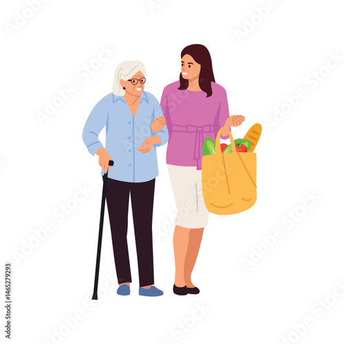 Vector illustration of a young woman helping an elderly woman on the street.Cartoon scene of a woman in a sweater, skirt, holding a bag of groceries, supporting an elderly woman with a walking stick.