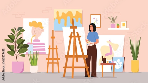 Vector illustration of a girl in an art studio painting on an easel. Cartoon scene of a girl holding a palette with paints,a brush,painting a large picture on an easel,abstract paintings on the walls.