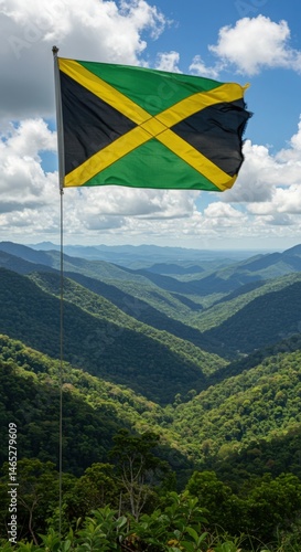 Waving Jamaican Flag Symbolizing Island Vibrancy Against the Lush Green Slopes of the Blue Mountains