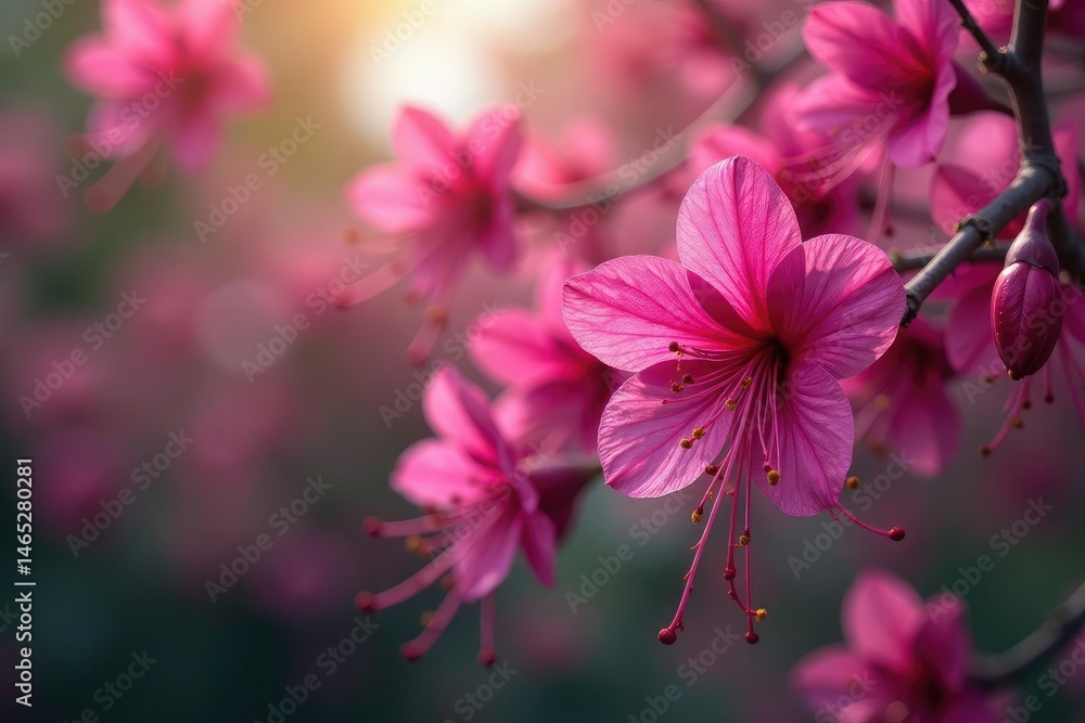 Obraz premium Fuchsia blossoms, dense repeating motif, soft focus, petals, background, print