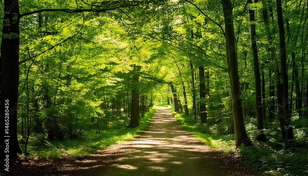 Fototapeta premium Camino bañado por el sol entre frondosos árboles verdes