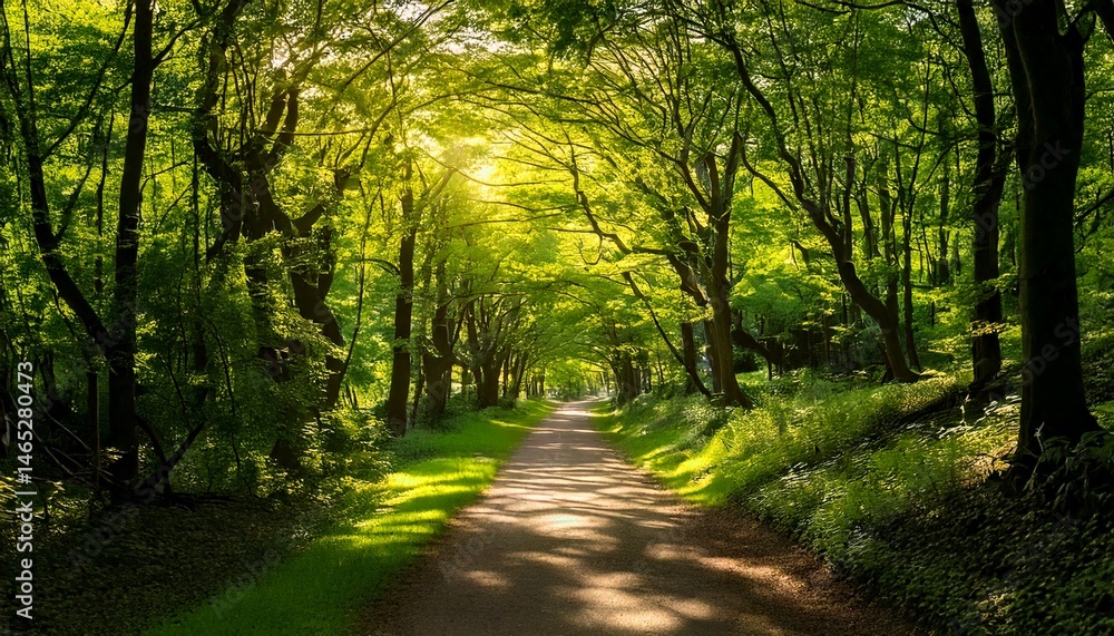 Fototapeta premium Camino bañado por el sol entre frondosos árboles verdes