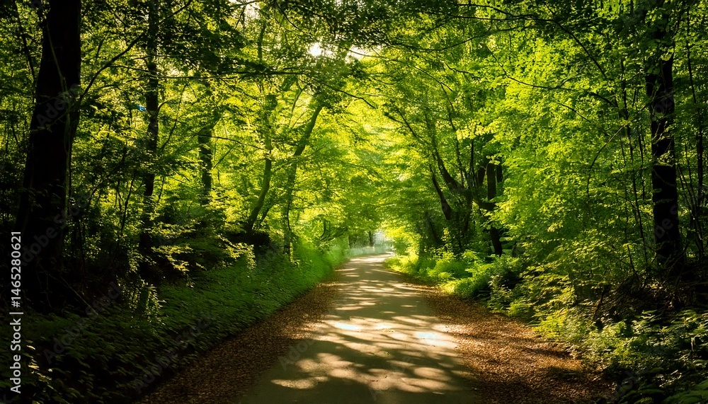 Fototapeta premium Camino bañado por el sol entre frondosos árboles verdes