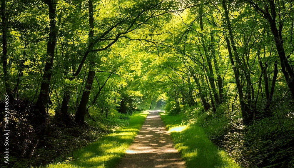 Fototapeta premium Camino bañado por el sol entre frondosos árboles verdes