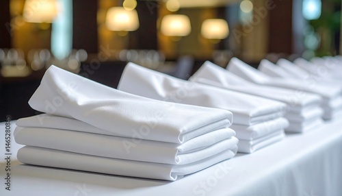 Clean white folded napkins neatly stacked on a table ready for a formal event or restaurant service