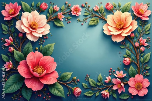 Intricate floral motif design, delicate blooms and leaves , floral print, vintage