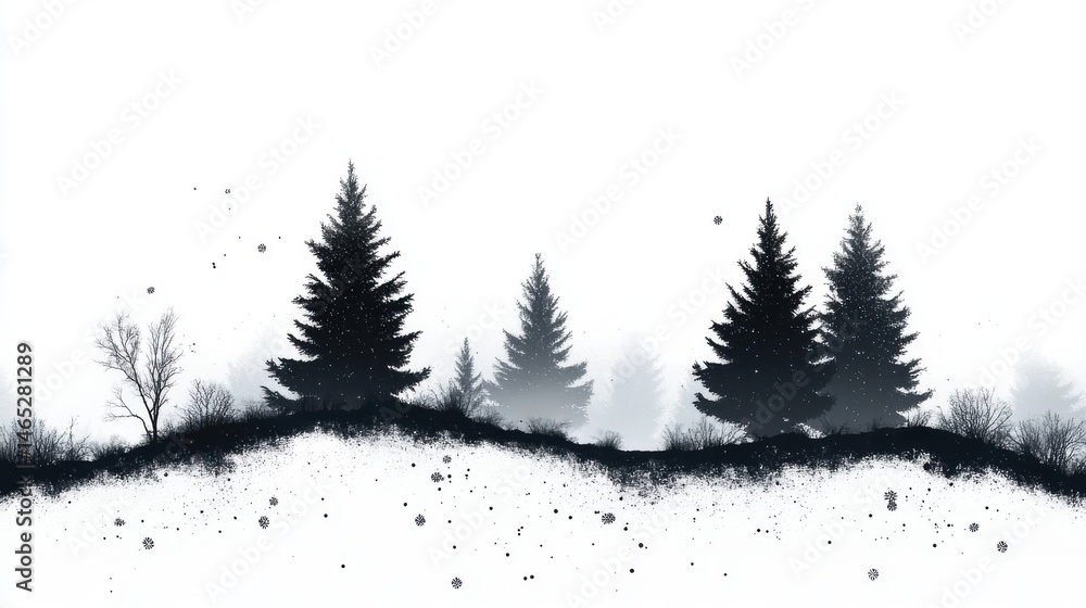 Obraz premium Silhouetted Evergreens in a Snowy Winter Landscape