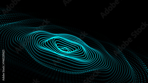Futuristic blue sound or pulse wave texture. Portal grid, circle warm hole frame. Background for banner design. Big data visualization. 3d rendering.
