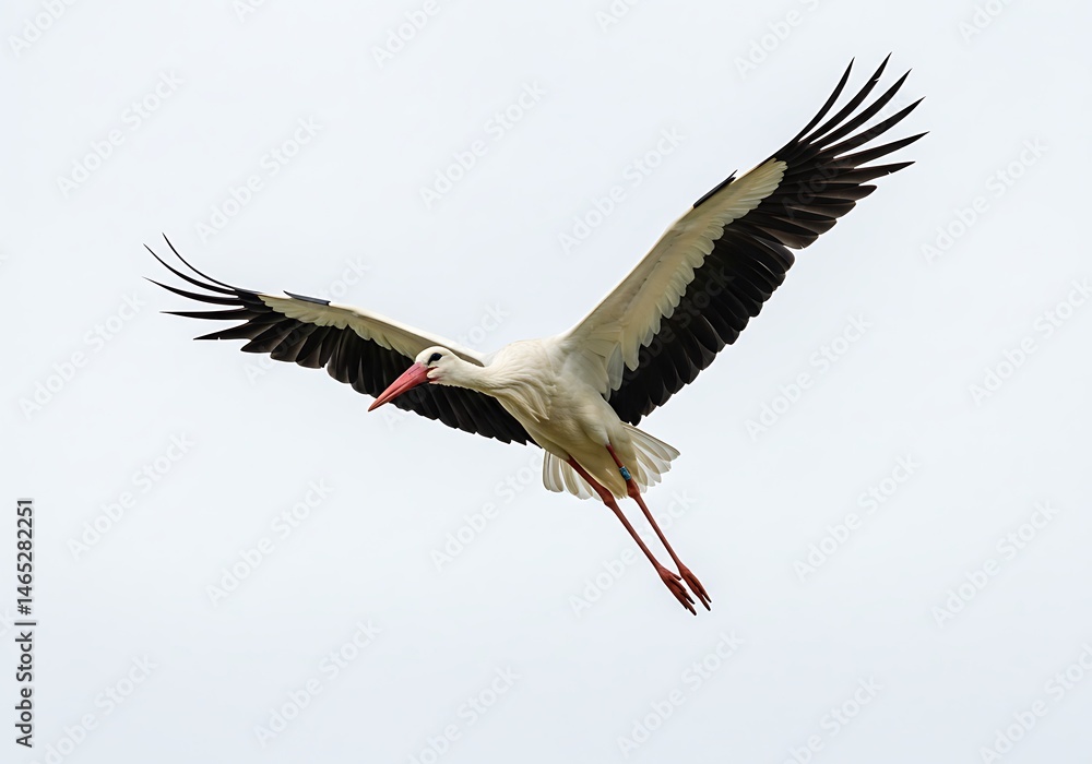 Fototapeta premium A stork with black and white feathers and a red beak is flying in the sky with its wings spread wide
