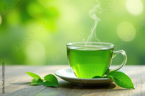 Steaming cup of green tea, fresh leaves visible Perfect for relaxation and well-being , simple, refreshing, tea