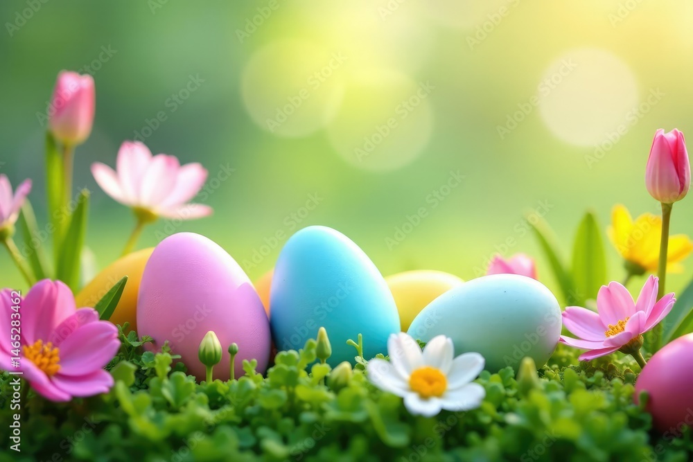 Vibrant pastel easter eggs nestled amongst blooming spring flowers , spring, egg decorating Vibrant pastel easter eggs nestled amongst blooming spring flowers , spring, egg decorating