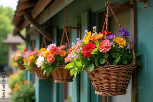 Wicker baskets overflowing with colorful flowers hang from weathered wood beams , vintage, spring, arrangement