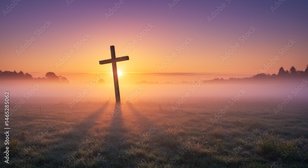 Serene Cross Silhouette Against Misty Sunrise, A Beacon of Hope Serene Cross Silhouette Against Misty Sunrise, A Beacon of Hope