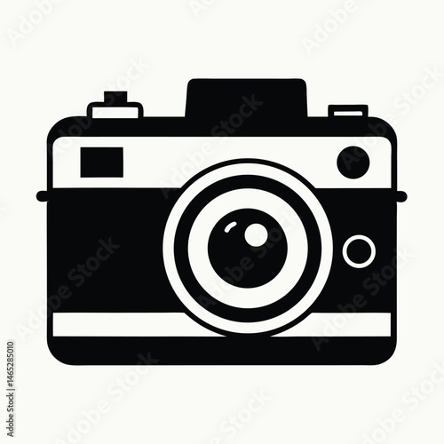 black and white, vintage camera, minimalist, flat design, iconic, simple, geometric, high contrast
