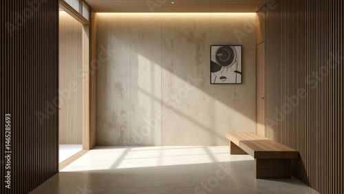 Minimalist Hallway in Sunlight. Modern Architectural Entryway. 