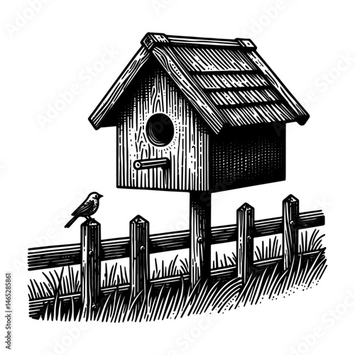 Vintage Hand-Drawn Birdhouse Illustration – Garden Wildlife Engraved Style Vector for T-Shirts, Posters, Stickers, and Nature Apparel