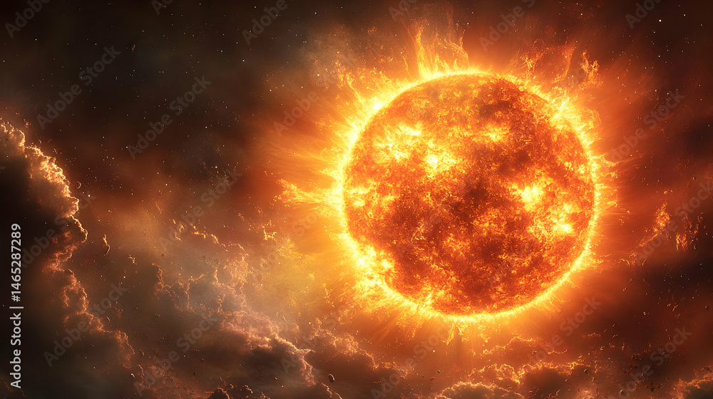 Fototapeta premium Fiery Orange Sun in Cosmic Nebula