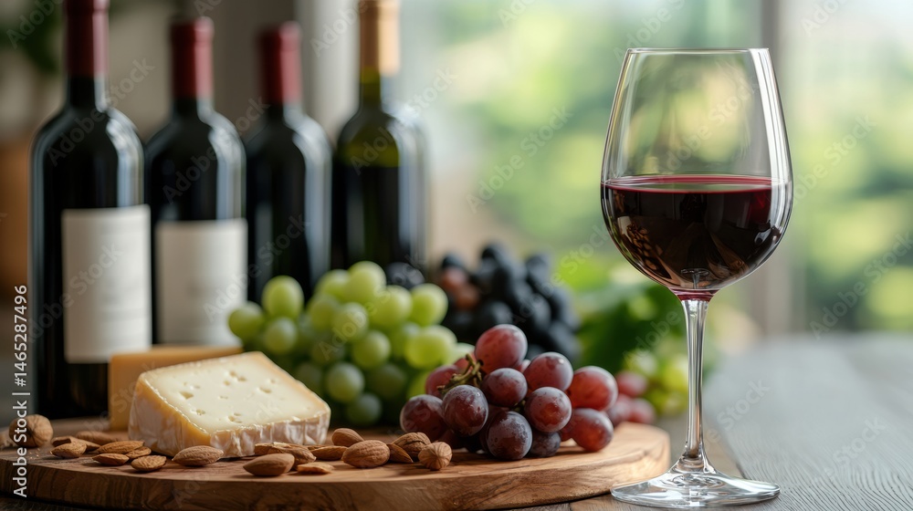 Obraz premium Chic wine tasting experience with cheese and grapes on wooden board