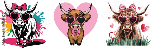 Cute highland cow with sunglass watercolor vector illustration set