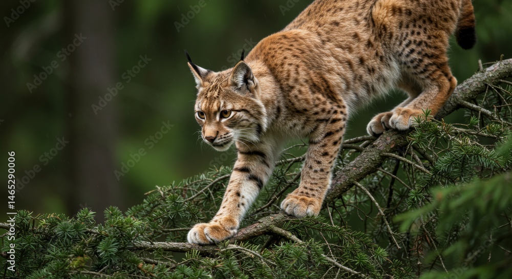 Eurasian Lynx Perched on a Pine Branch Against a Lush Green Forest Backdrop Eurasian Lynx Perched on a Pine Branch Against a Lush Green Forest Backdrop