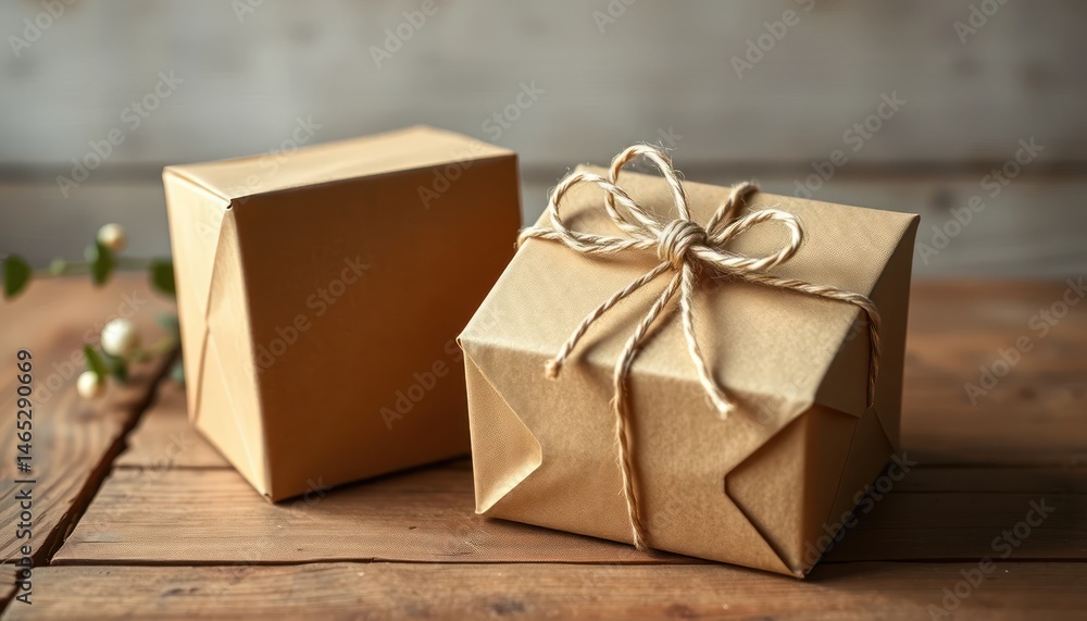 Artisan-wrapped gifts with neutral kraft paper on a rustic wooden table, creating a warm and simple aesthetic, perfect for conveying thoughtfulness Artisan-wrapped gifts with neutral kraft paper on a rustic wooden table, creating a warm and simple aesthetic, perfect for conveying thoughtfulness