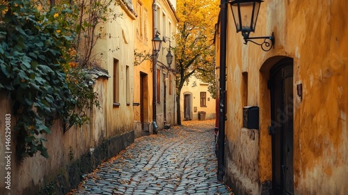 Fototapeta Naklejka Na Ścianę i Meble -  A small alleyway in an old European town with cobblestones and lanterns
