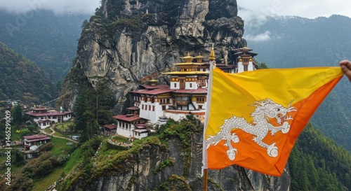 Waving Bhutanese Flag with Druk Dragon Against the Majestic Snow-Capped Peaks of the Himalayas