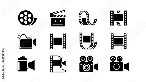 Symbolic Cinema: A collection of iconic film-related graphics are arranged on a dark canvas, showcasing symbols that represent the art and production of cinema.