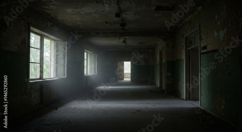 Wallpaper Mural A decaying hallway of an abandoned building, lit by sunlight through open windows. Torontodigital.ca