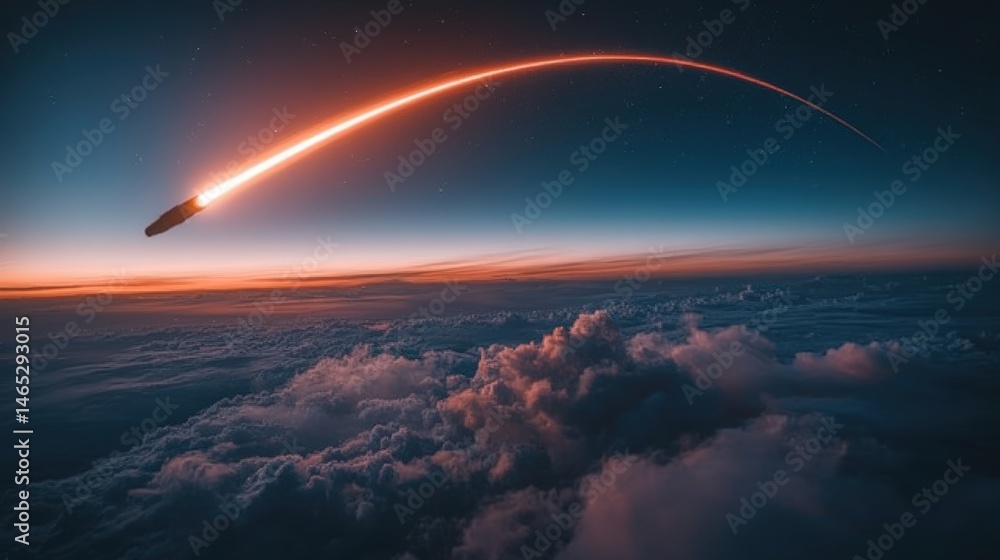 Fiery comet arc over ethereal clouds Fiery comet arc over ethereal clouds