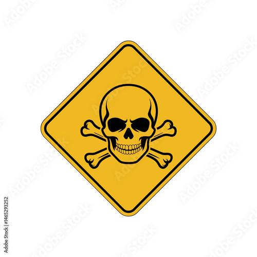 Danger sign: A warning sign of poison in a yellow square. This sign is used to warn against possible fatal and lethal chemicals. The skull and crossbones symbolize danger, threat and toxicity.