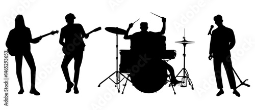 Silhouette of four musicians playing instruments and singing, isolated on white background.