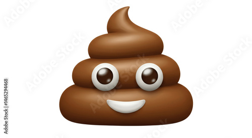A realistic 3D-style poop emoji featuring cute expressive cartoon eyes and a happy smile. Rendered with a glossy brown texture, soft shading, and isolated on a transparent background