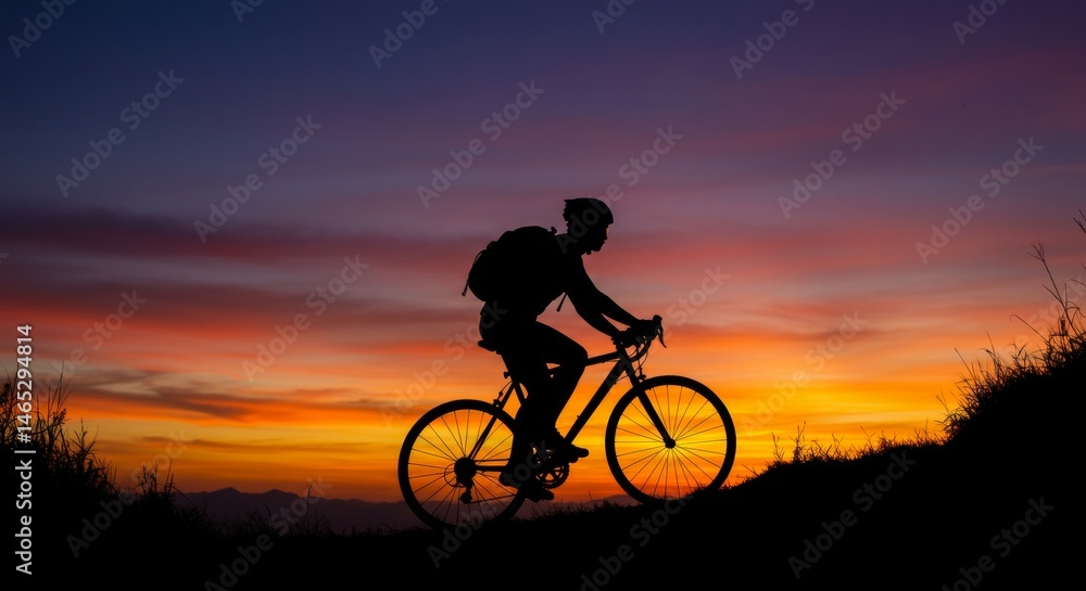 Obraz premium Silhouette of a cyclist riding a bike at sunset with colorful sky